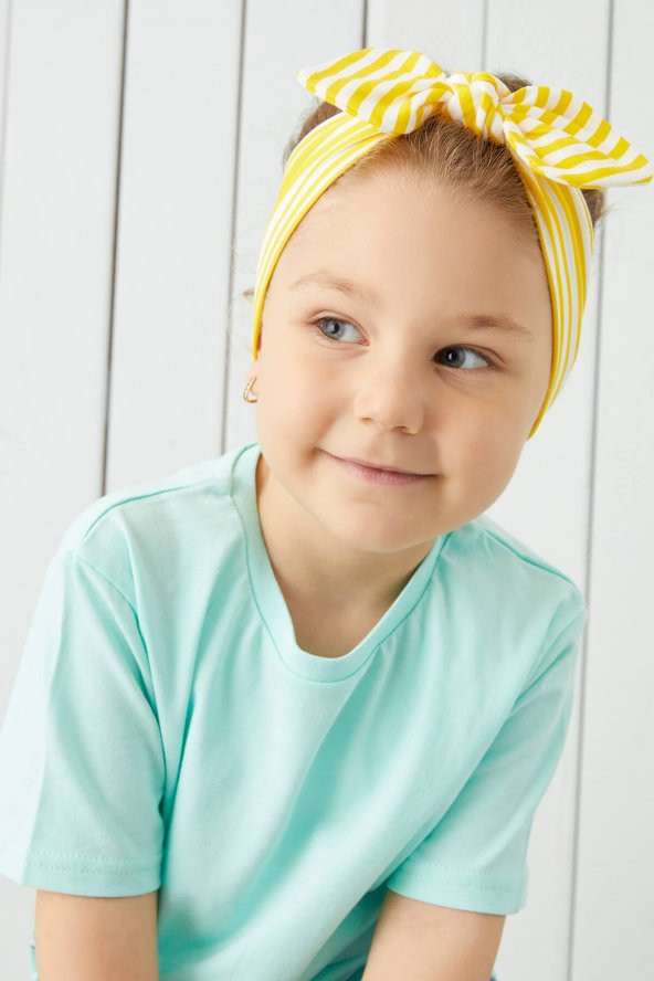 Sarı Beyaz Çizgili El Yapımı Yumuşak Fiyonk Bağlamalı Doğal Pamuklu Penye Bebek Çocuk Kız Bandana BEST OF SERİSİ - 3