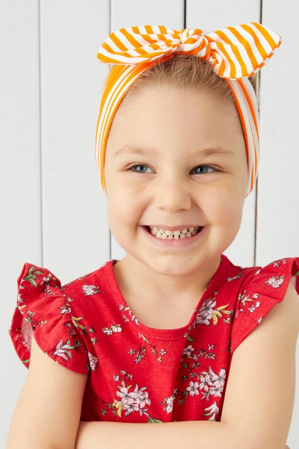 Turuncu Beyaz Çizgili El Yapımı Yumuşak Fiyonk Bağlamalı Doğal Pamuklu Penye Bebek Çocuk Kız Bandana BEST OF SERİSİ