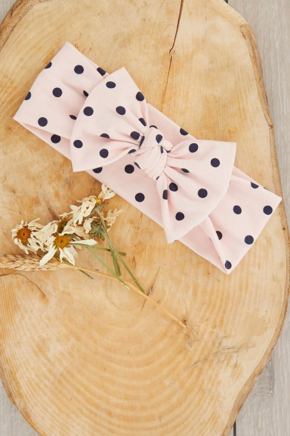 Pudra Siyah Puantiyeli El Yapımı Yumuşak Fiyonk Bağlamalı Doğal Pamuklu Penye Bebek Çocuk Kız Bandana BEST OF SERİSİ - 3