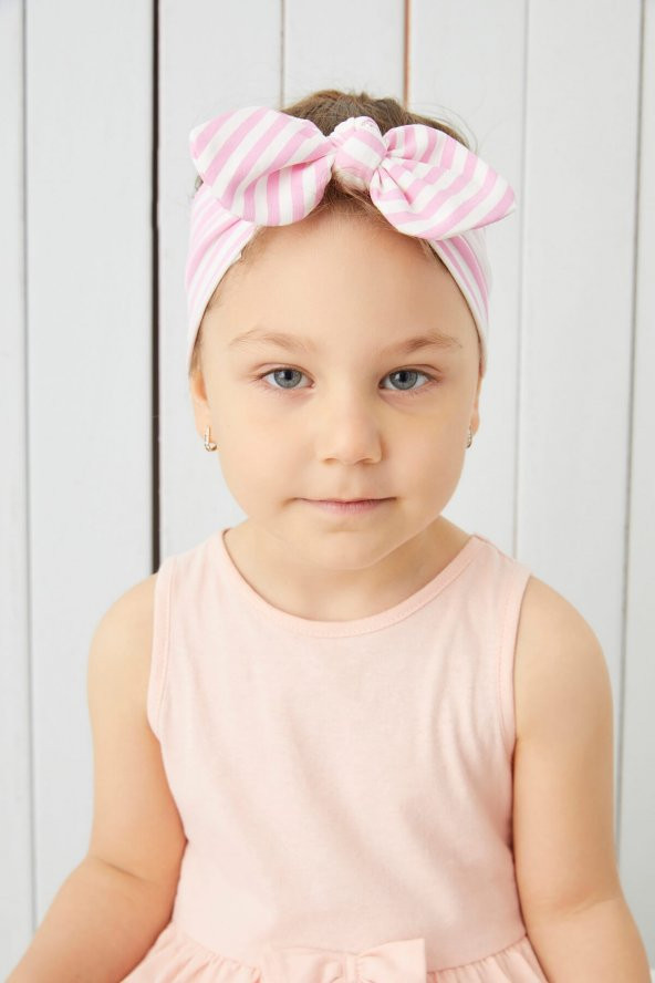Pembe Beyaz Çizgili El Yapımı Yumuşak Fiyonk Bağlamalı Doğal Pamuklu Penye Bebek Çocuk Kız Bandana BEST OF SERİSİ - 3
