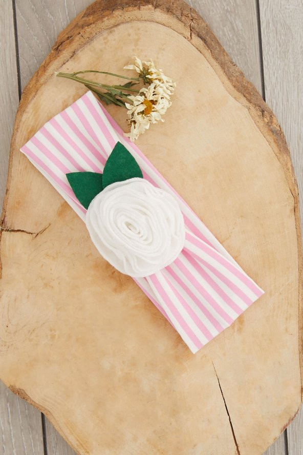 Pembe Beyaz El Yapımı Yumuşak Eşsiz Aksesuarlı Doğal Pamuklu Penye Bebek Çocuk Kız Bandana GÜL SERİSİ