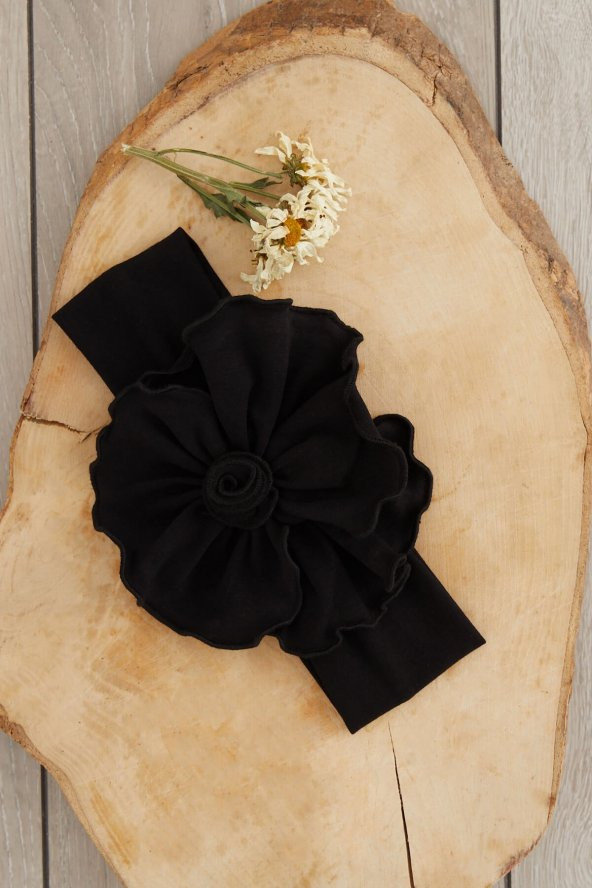 Siyah El Yapımı Yumuşak Eşsiz Aksesuarlı Doğal Pamuklu Penye Bebek Çocuk Kız Bandana BAHAR SERİSİ