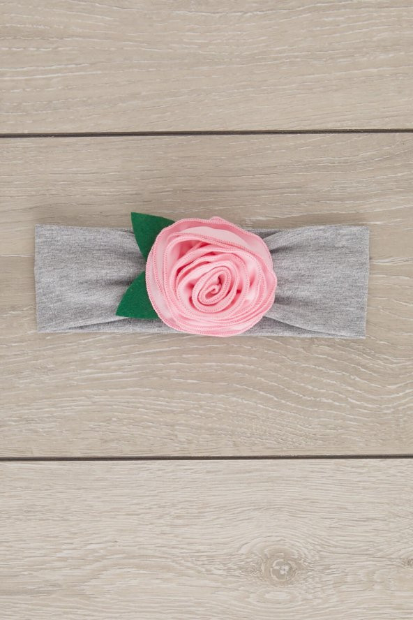 Gri Pembe El Yapımı Yumuşak Eşsiz Aksesuarlı Doğal Pamuklu Penye Bebek Çocuk Kız Bandana GÜL SERİSİ - 2