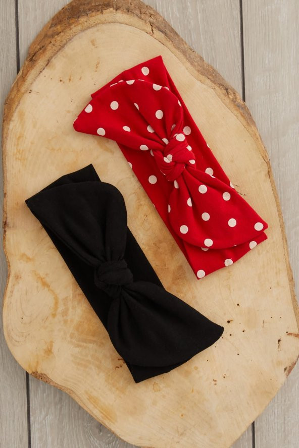 El Yapımı Yumuşak Tavşan Kulak Doğal Pamuklu Penye 2'li Bebek Çocuk Kız Bandana siyah kırmızı