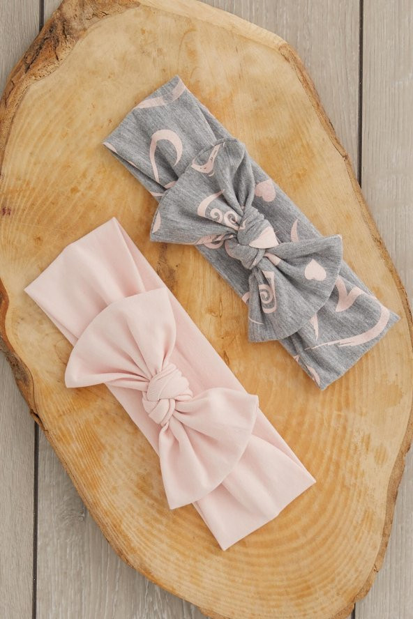 El Yapımı Yumuşak Fiyonk Bağlamalı Doğal Pamuklu Penye İKİLİ Bebek Çocuk Kız Bandana Pudra Gri