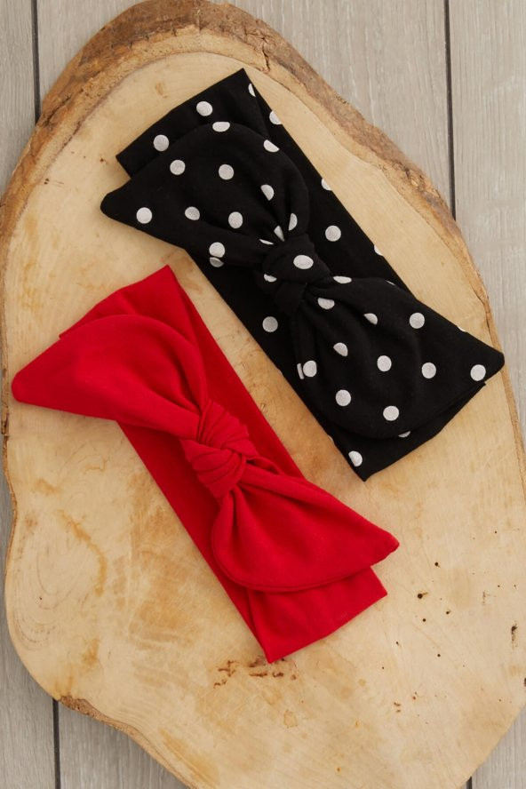 El Yapımı Yumuşak Tavşan Kulak Doğal Pamuklu Penye 2'li Bebek Çocuk Kız Bandana Siyah Kırmızı