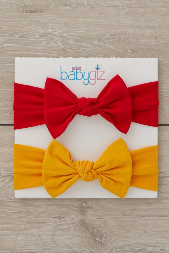 El Yapımı Yumuşak Fiyonk Bağlamalı Doğal Pamuklu Penye 2'li Bebek Çocuk Kız Bandana Kırmızı Hardal - 3