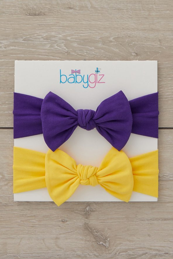 El Yapımı Yumuşak Fiyonk Bağlamalı Doğal Pamuklu Penye 2'li Bebek Çocuk Kız Bandana Mor Sarı - 4
