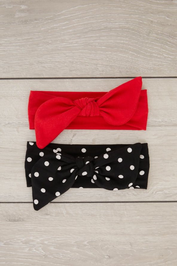 El Yapımı Yumuşak Tavşan Kulak Doğal Pamuklu Penye 2'li Bebek Çocuk Kız Bandana Siyah Kırmızı - 2