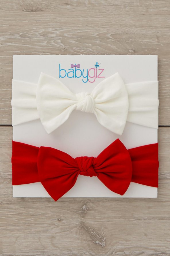 El Yapımı Yumuşak Fiyonk Bağlamalı Doğal Pamuklu Penye 2'li Bebek Çocuk Kız Bandana Kırmızı Beyaz - 3
