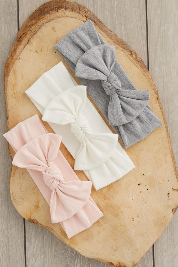 El Yapımı Yumuşak Fiyonk Bağlamalı Doğal %100 Pamuklu Penye 3'lü Bebek Çocuk Kız Bandana Seti