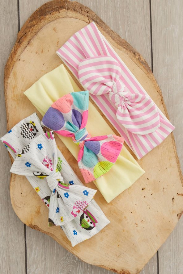 El Yapımı Yumuşak Fiyonk Bağlamalı Doğal %100 Pamuklu Penye 3'lü Bebek Çocuk Kız Bandana Seti - 1