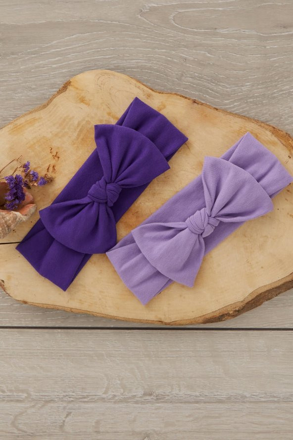 El Yapımı Yumuşak Fiyonk Bağlamalı Doğal Pamuklu Penye İKİLİ Bebek Çocuk Kız Bandana Mor Lila - 2