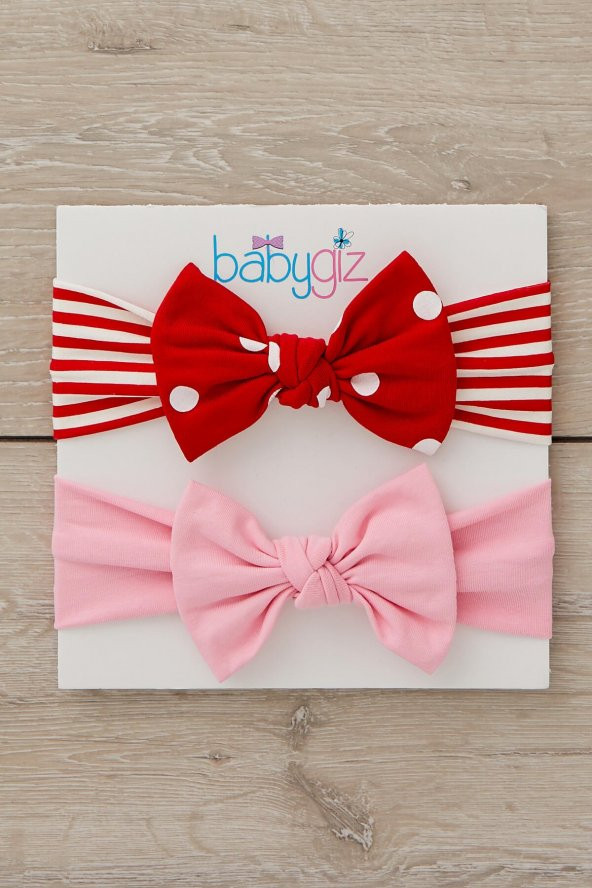 El Yapımı Yumuşak Fiyonk Bağlamalı Doğal Pamuklu Penye İKİLİ Bebek Çocuk Kız Bandana Pembe Kırmızı - 3