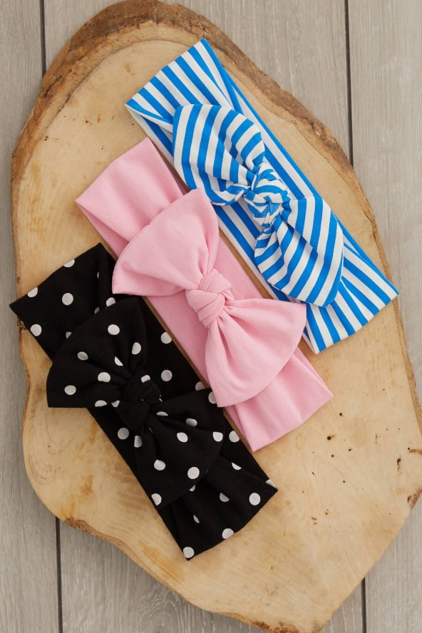 El Yapımı Yumuşak Fiyonk Bağlamalı Doğal %100 Pamuklu Penye 3'lü Bebek Çocuk Kız Bandana Seti