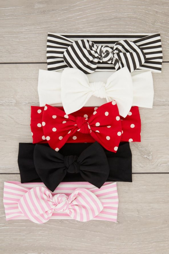 El Yapımı Ultra Yumuşak Fiyonk Bağlamalı %100 Doğal Pamuklu çift katlı Penye BEŞİ BİR ARADA Bebek ve Çocuk Kız Bandana Saç Bandı Seti - 5 ayrı desen ve renk - 2