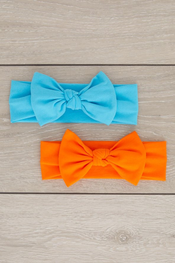El Yapımı Yumuşak Doğal Pamuklu Penye 2'li Bebek Çocuk Kız Bandana Turuncu Mavi - 2