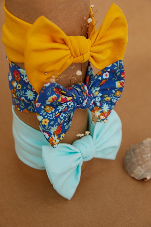 El Yapımı Yumuşak Fiyonk Bağlamalı Doğal %100 Pamuklu Penye 3'lü Bebek Çocuk Kız Bandana Seti - 7