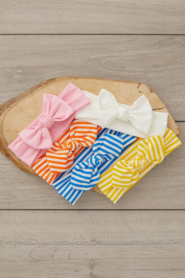 El Yapımı Ultra Yumuşak Fiyonk Bağlamalı %100 Doğal Pamuklu çift katlı Penye BEŞİ BİR ARADA Bebek ve Çocuk Kız Bandana Saç Bandı Seti - 5 ayrı desen ve renk - 3