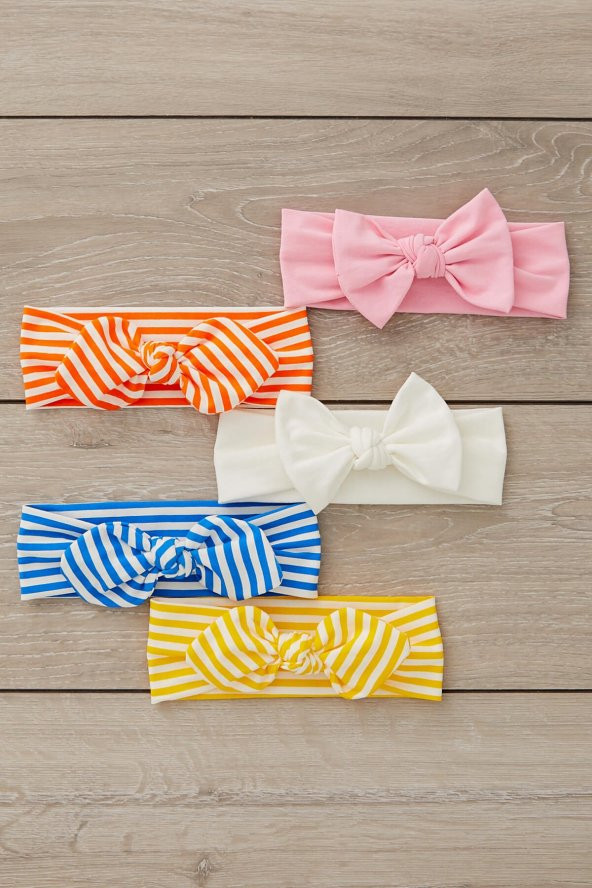 El Yapımı Ultra Yumuşak Fiyonk Bağlamalı %100 Doğal Pamuklu çift katlı Penye BEŞİ BİR ARADA Bebek ve Çocuk Kız Bandana Saç Bandı Seti - 5 ayrı desen ve renk - 4