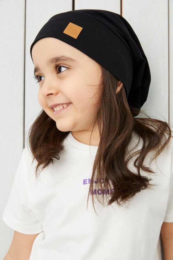 Kız Çocuk Siyah ip detaylı 4 mevsim Şapka Bere Buff -yumuşak doğal penye