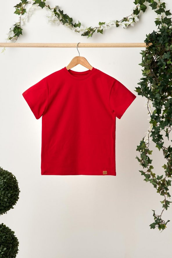 Kırmızı Kız Çocuk Kısa Kollu Bisiklet Yaka Terletmez, Yumuşak Rahat %100 Pamuklu Penye T-Shirt