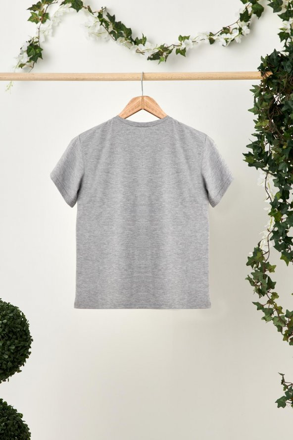 Gri Kız Çocuk Kısa Kollu Bisiklet Yaka Terletmez, Yumuşak Rahat %100 Pamuklu Penye T-Shirt - 2