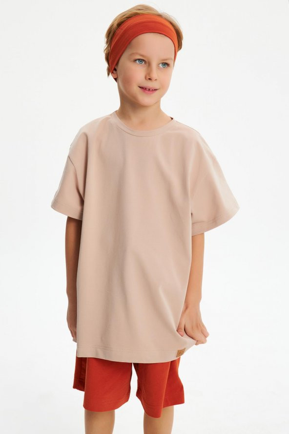 Açık Kahve Erkek Çocuk Kısa Kollu Bisiklet Yaka Terletmez, Yumuşak Rahat %100 Pamuklu Penye T-Shirt - 5