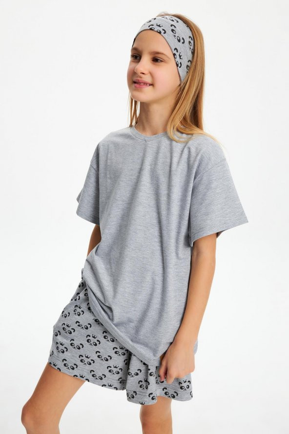 Gri Kız Çocuk Kısa Kollu Bisiklet Yaka Terletmez, Yumuşak Rahat %100 Pamuklu Penye T-Shirt - 7