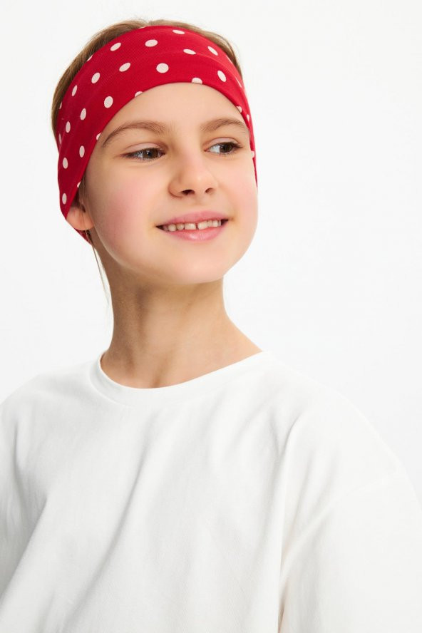 Kırmızı puantiyeli-Beyaz Kız %100 Pamuklu Penye T-Shirt Bandana 2^li Takım -Spor Rahat BEST OF Koleksiyon 3 - 2