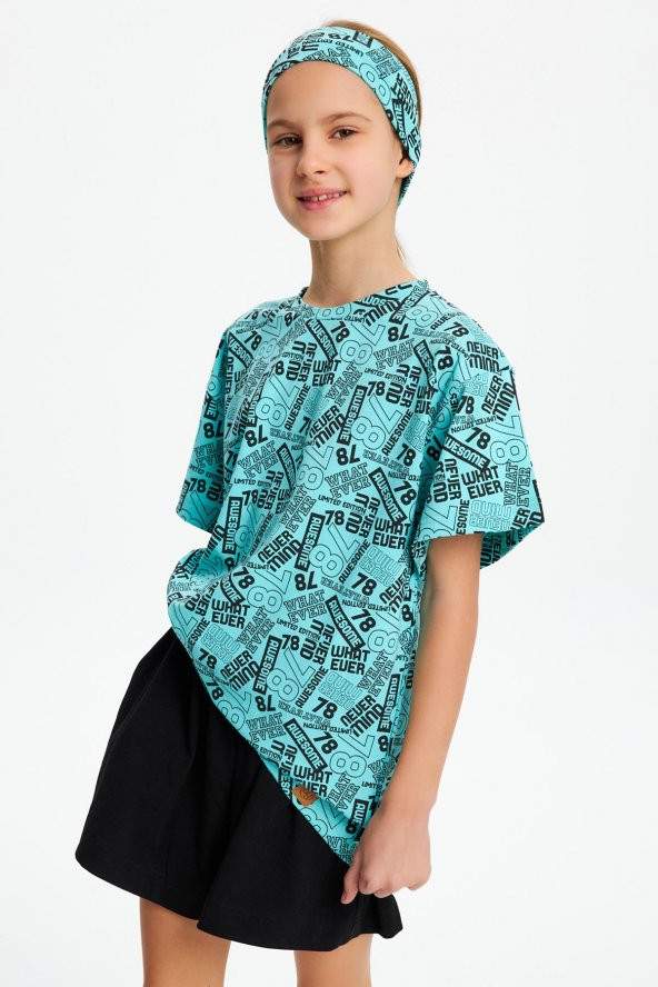 Turkuaz Kız Çocuk Kısa Kollu Desenli Bisiklet Yaka Terletmez, Yumuşak Rahat %100 Pamuklu Penye T-Shirt - 6