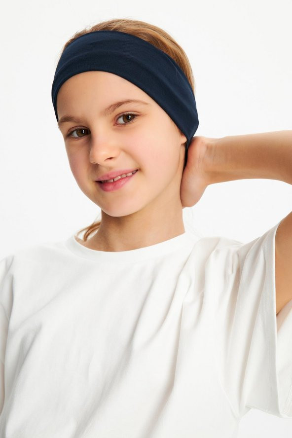 Lacivert-Beyaz Kız %100 Pamuklu Penye T-Shirt Bandana 2^li Takım -Spor Rahat BEST OF Koleksiyon 3