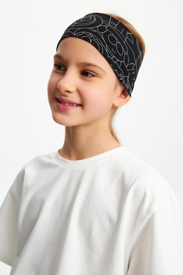 Siyah Desenli-Beyaz Kız %100 Pamuklu Penye T-Shirt Bandana 2^li Takım -Spor Rahat BEST OF Koleksiyon 3