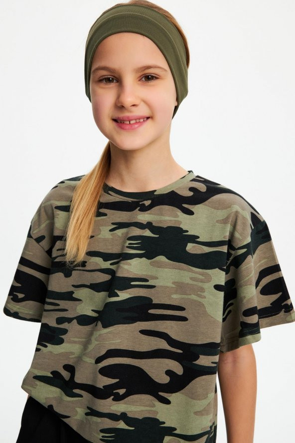 Haki-Kamuflaj Kız %100 Pamuklu Penye T-shirt Bandana 2^li Takım -spor Rahat Best Of Koleksiyon 5