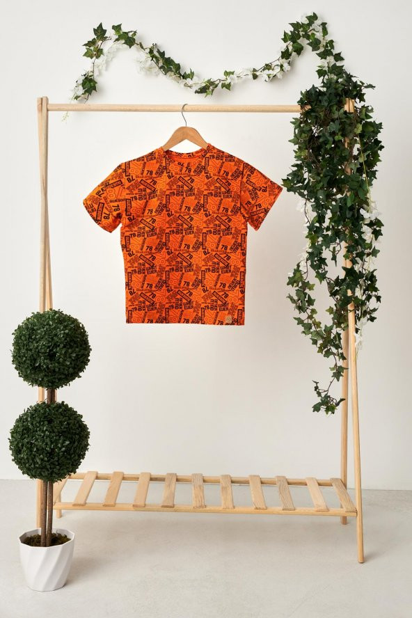 Turuncu Kız Çocuk Kısa Kollu Desenli Bisiklet Yaka Terletmez, Yumuşak Rahat %100 Pamuklu Penye T-Shirt - 4
