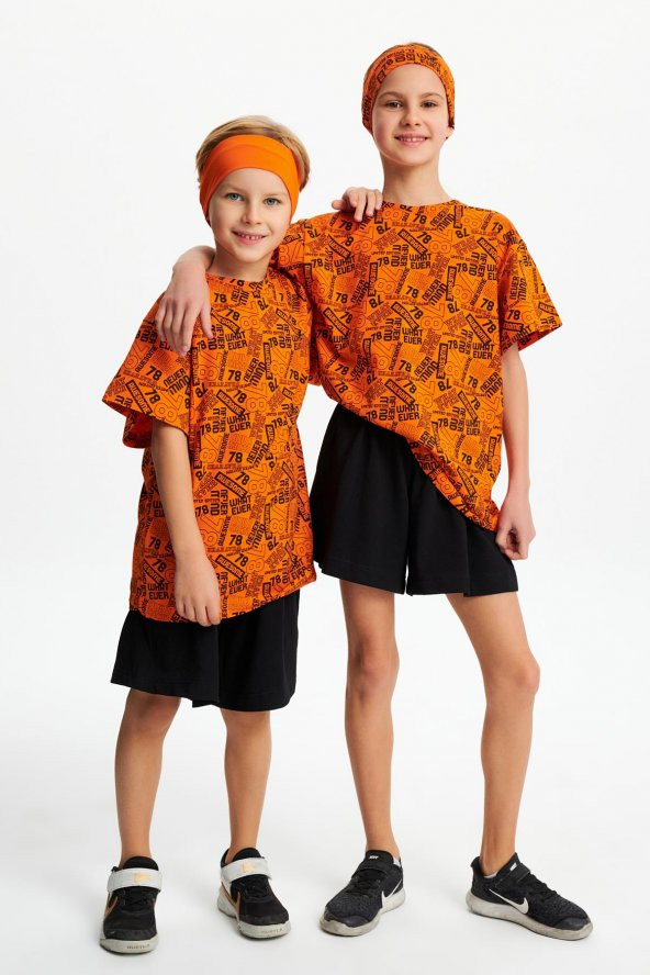 Turuncu Kız Çocuk Kısa Kollu Desenli Bisiklet Yaka Terletmez, Yumuşak Rahat %100 Pamuklu Penye T-Shirt - 6