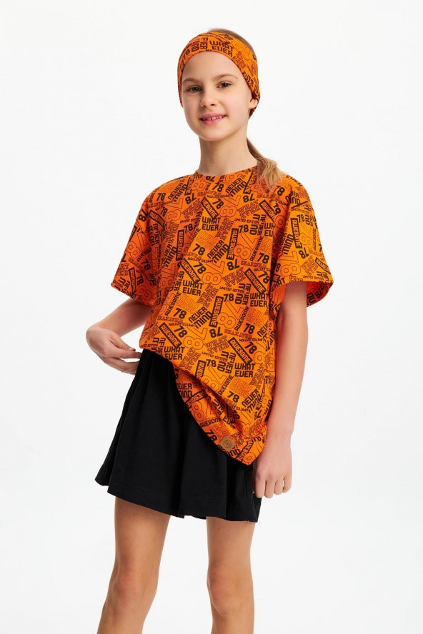 Turuncu Kız Çocuk Kısa Kollu Desenli Bisiklet Yaka Terletmez, Yumuşak Rahat %100 Pamuklu Penye T-Shirt - 7