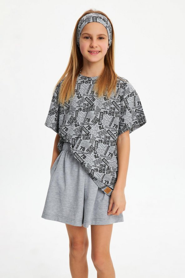 Gri Kız Çocuk Kısa Kollu Desenli Bisiklet Yaka Terletmez, Yumuşak Rahat %100 Pamuklu Penye T-Shirt - 6
