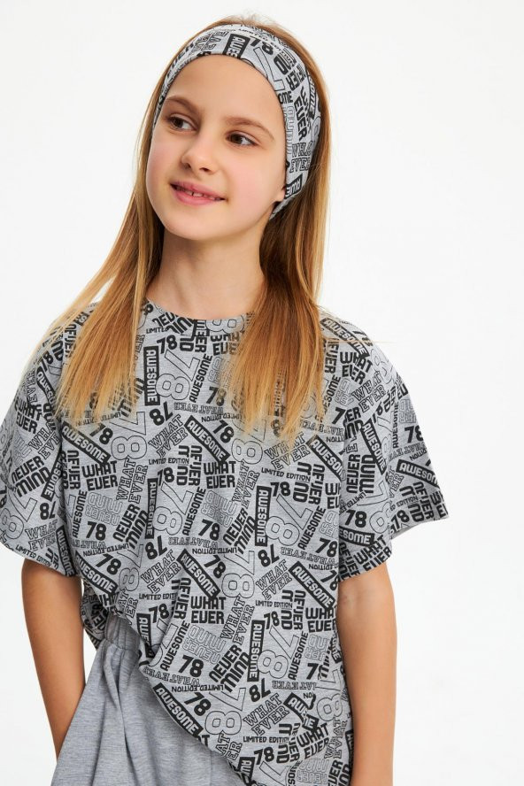 Gri Kız Çocuk Kısa Kollu Desenli Bisiklet Yaka Terletmez, Yumuşak Rahat %100 Pamuklu Penye T-Shirt - 7