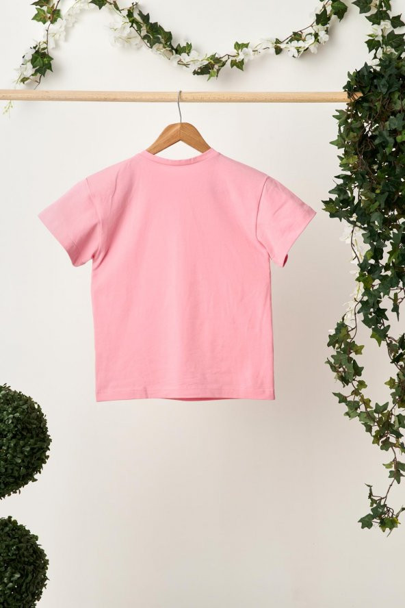 Pembe Kız Çocuk Kısa Kollu Bisiklet Yaka Terletmez, Yumuşak Rahat %100 Pamuklu Penye T-Shirt - 5