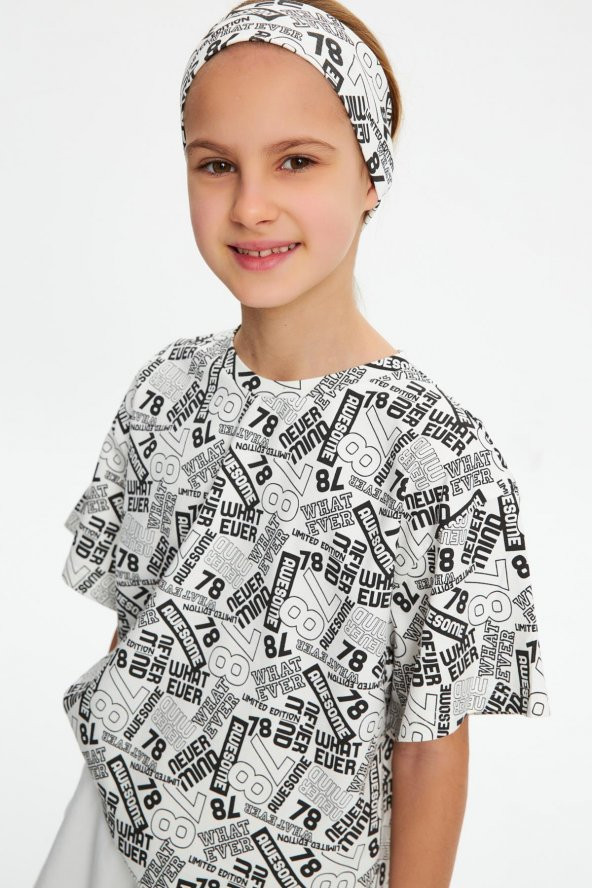 Beyaz Kız Çocuk Kısa Kollu Desenli Bisiklet Yaka Terletmez, Yumuşak Rahat %100 Pamuklu Penye T-Shirt - 7