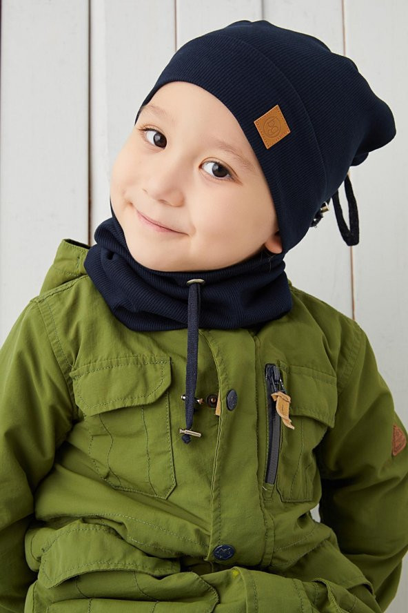 Lacivert Erkek Bebek Çocuk İp Detaylı Şapka Bere Boyunluk Takım Rahat %100 Pamuklu Kaşkorse