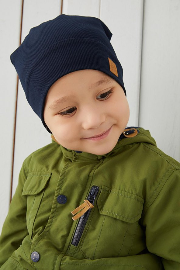 Lacivert Erkek Bebek Çocuk İp Detaylı Şapka Bere Boyunluk Takım Rahat %100 Pamuklu Kaşkorse - 3