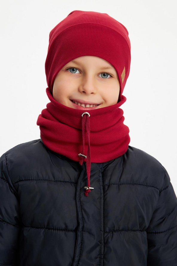 Bordo Erkek Bebek Çocuk Trend Style Şapka Bere Boyunluk Takım Rahat %100 Pamuklu Kaşkorse