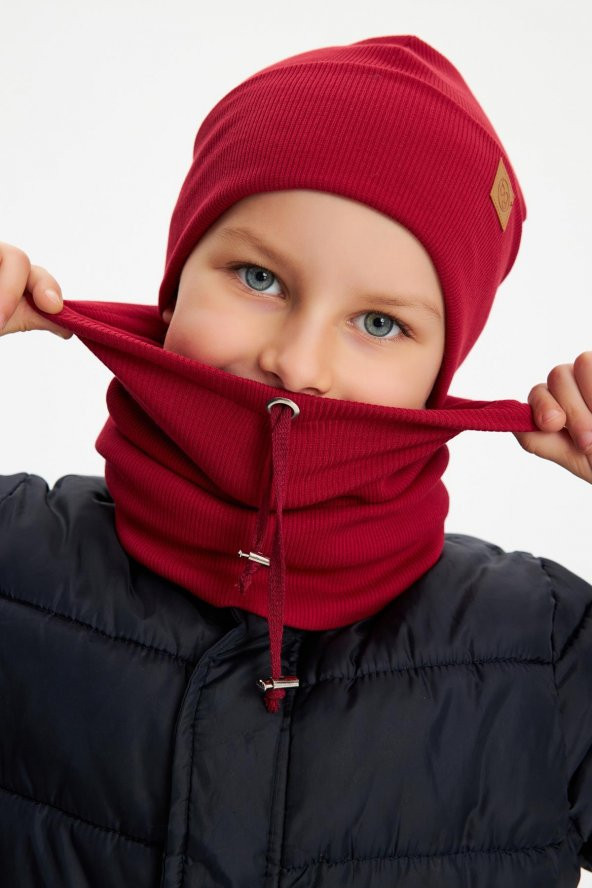 Bordo Erkek Bebek Çocuk Trend Style Şapka Bere Boyunluk Takım Rahat %100 Pamuklu Kaşkorse - 3