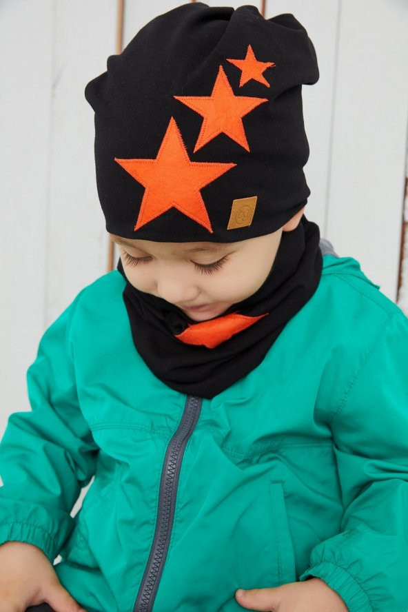 Erkek Çocuk Siyah turuncu Yıldızlı Bere Boyunluk Set yumuşak çift katlı %100 doğal pamuklu penye