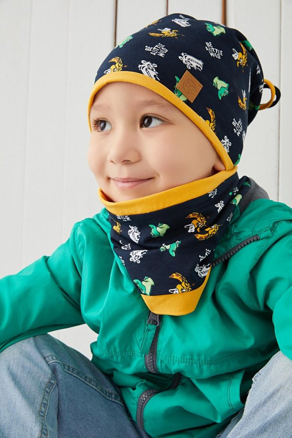 Lacivert-Sarı Figürlü Erkek Çocuk Bebek Bere Boyunluk Takım %100 Pamuklu penye çift katlı rahat yumuşak - 2