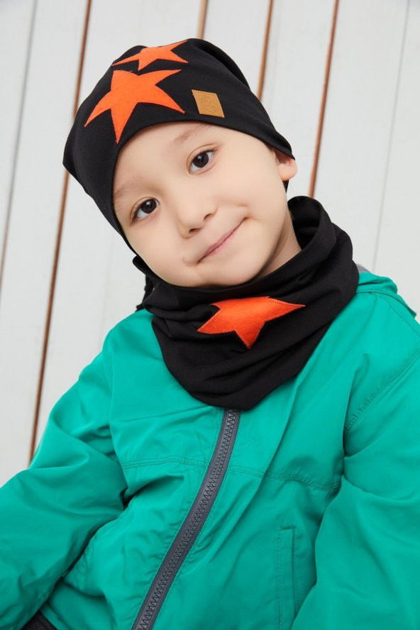 Erkek Çocuk Siyah turuncu Yıldızlı Bere Boyunluk Set yumuşak çift katlı %100 doğal pamuklu penye - 3