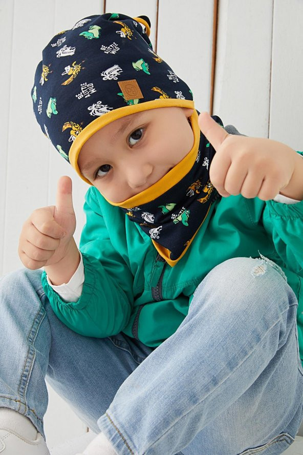 Lacivert-Sarı Figürlü Erkek Çocuk Bebek Bere Boyunluk Takım %100 Pamuklu penye çift katlı rahat yumuşak - 4