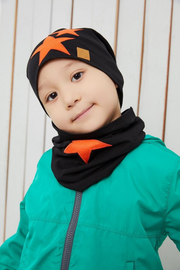 Erkek Çocuk Siyah turuncu Yıldızlı Bere Boyunluk Set yumuşak çift katlı %100 doğal pamuklu penye - 5